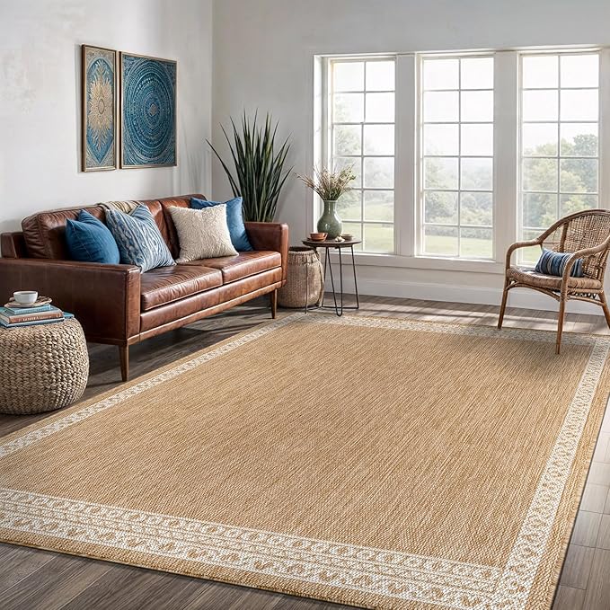 Washable Outdoor Rug 6x9 Modern Area Rugs Outdoor Carpets Bordered Pattern Non Shedding Waterproof Easy Clean Patio Deck Porch Living Room Bedroom Garden RV (6 X 9 Natural)