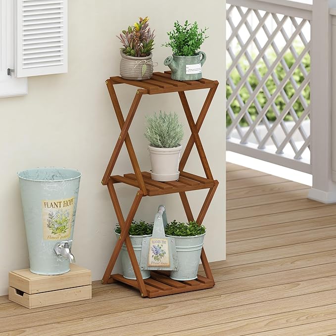 Furinno TIOMAN Patio Table, 3-Tier Outdoor Side Table, Toolless Multipurpose Folding Display Shelf, Plant Stand, for Patio, Garden, Porch, Natural