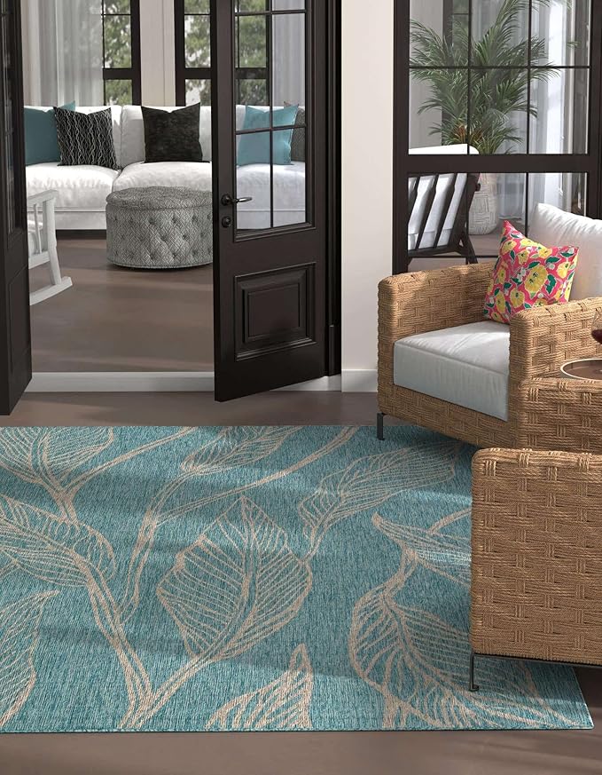 Unique Loom Outdoor Botanical Collection Area Rug - Leaf (10' 8" Square, Light Aqua/ Ivory)