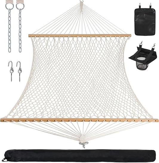 ANOW Rope Hammock Double Hammock with Hardwood Spreader Bar and Carrying Bag, 450 LBS Weight Capacity for Two Person, Natural