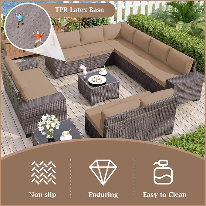 Outdoor Sectional Cushions, 4" Foam High-Density, Water-Resistant Couch Cushions Replacement Set, 14 Piece Patio Sectional Cushion for 6-Seat Sectional Patio Conversation Sets (Beige)
