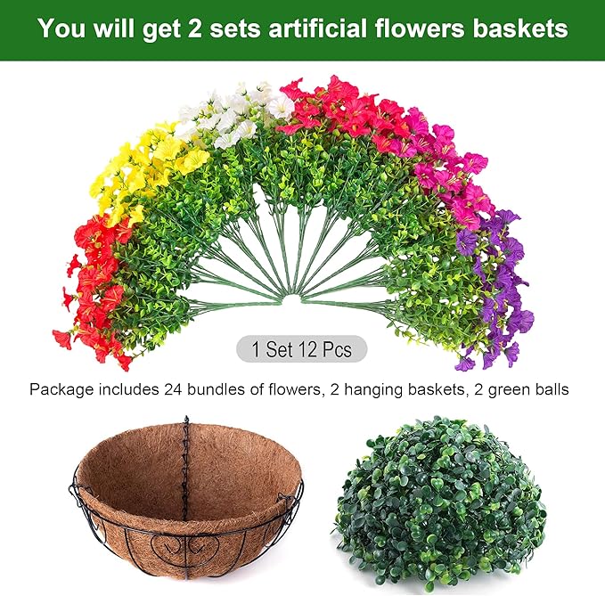 2 Set Artificial Hanging Flowers Fake Plants Baskets for Outdoors Spring Decor , 24 Pcs UV Resistant Faux Morning Glory with 2 Hanging Planters Realistic Silk Flowers for Outside Porch Patio Outdoor