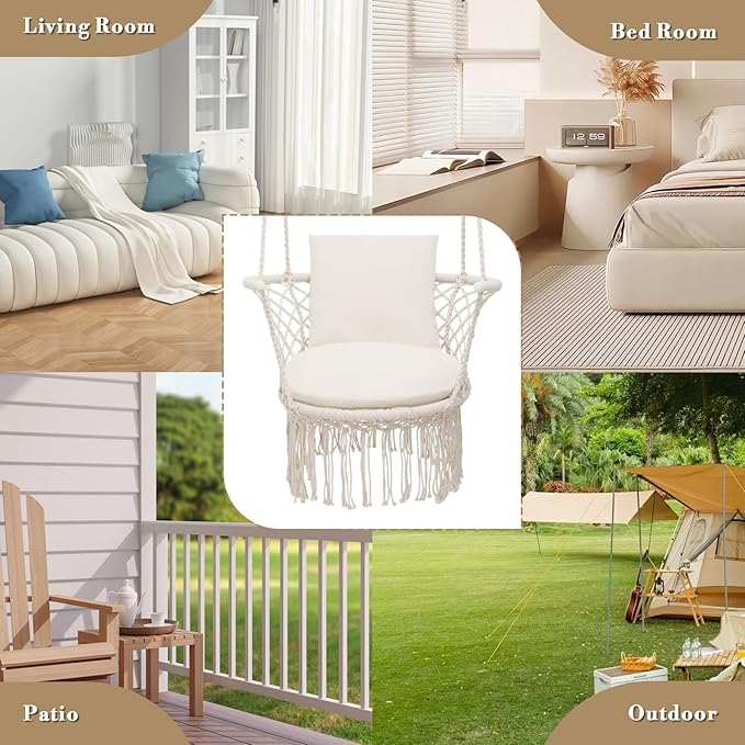 Athena Collection Hammock Swing Chair with Cushion, Outdoor Macrame Chair with Mounting Hardware, Max 350 Lbs, Large Cotton Rope Hanging Chair for Outdoor Indoor Porch Garden, Beige