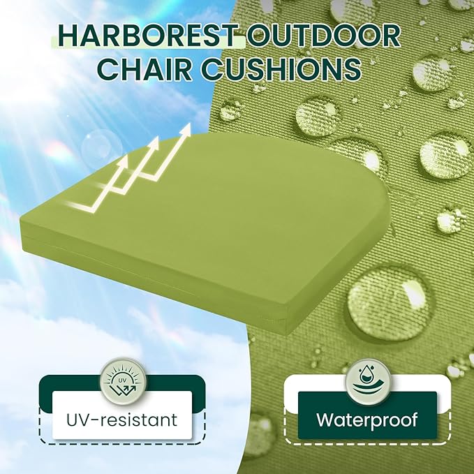 HARBOREST Outdoor Chair Cushions Set of 6, Water Resistant Patio Chair Cushions with Ties, Outdoor Seat Cushions for Patio Furniture, 17"x16"x2", Grass Green