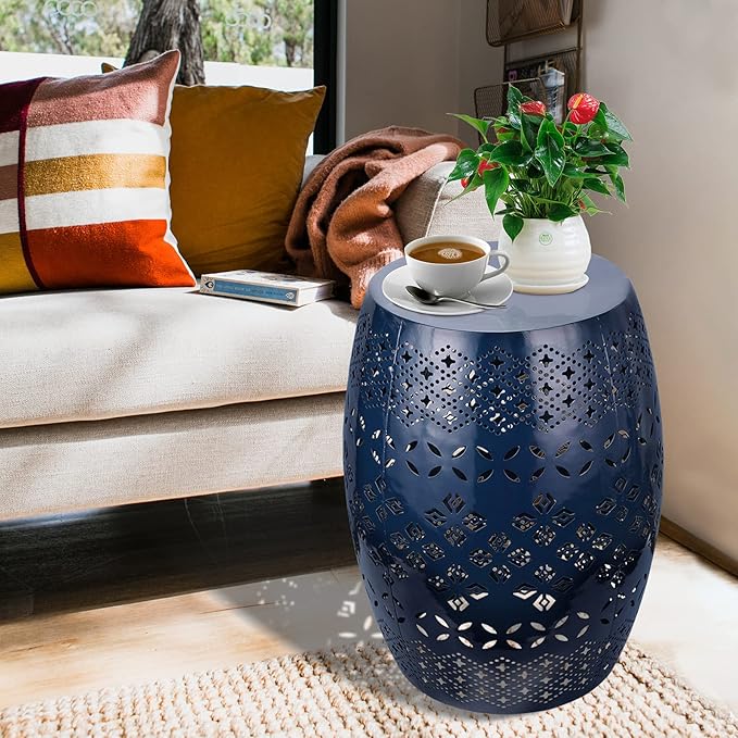 Vipush Outdoor Side Tables,Patio End Table Anti-Rust Metal Round Drum Garden Stool Plant Stand Indoor Iron Accent Table for Patio Deck Porch Living Room,Navy Blue