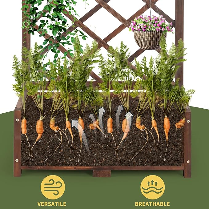 Outvita Wood Planter with Trellis, 29" x 17" x 67" Outdoor Raised Garden Bed with Drainage Holes, Vertical Standing Planter Box for Climbing Plants Vegetable in Garden, Patio, Balcony (Brown)