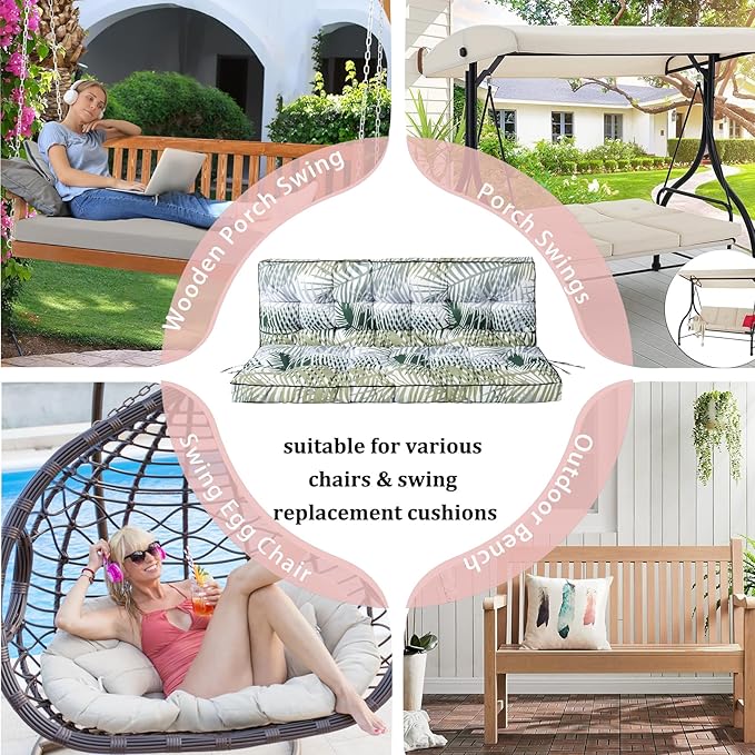 2-3 Seat Swing Replacement Cushion, Outdoor Bench Cushions with Backrest Thicken 4", Patio Furniture Garden Porch Loveseat Glider Pad Anti-Fading Waterproof (Green Leaves, 40x63in-thicken)