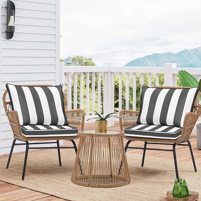 Outdoor Chair Cushions 4 Set,24 x 24 x 5IN, Patio Deep Seat Cushion for Patio Furniture, Waterproof & Fade Resistant Thick Deep Seating Pads for Outside Wicker Ratten Chair,Gray Black Striped