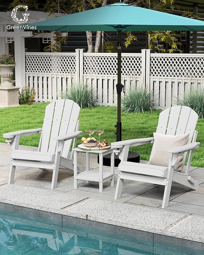 GREENVINES Folding-Adirondack-Chairs-Set-of-2 | HDPE Plastic | Fire Pit Chair | All Weather | Cup Holder | White | for Deck Backyard Patio Outdoor Garden