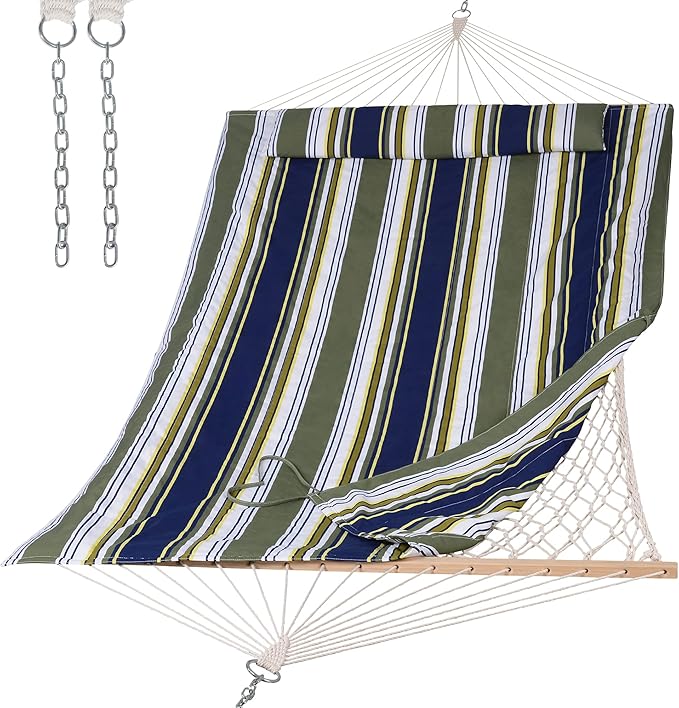 SUNCREAT Hammocks Outdoor Double Hammock with Hardwood Spreader Bar, Cotton Rope Hammock with Polyester Pad, Blue&Aqua