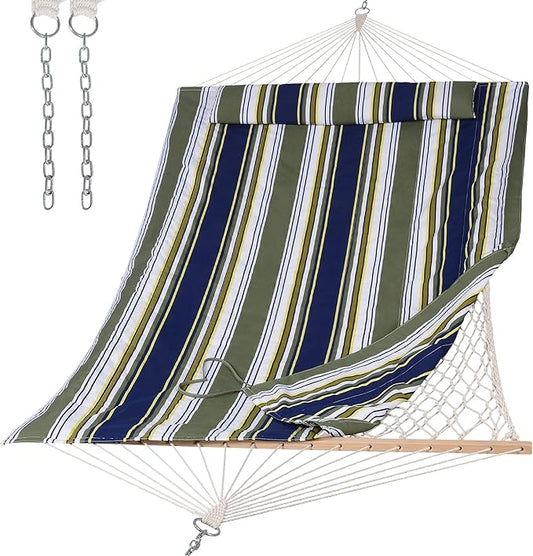SUNCREAT Hammocks Outdoor Double Hammock with Hardwood Spreader Bar, Cotton Rope Hammock with Polyester Pad, Blue&Aqua