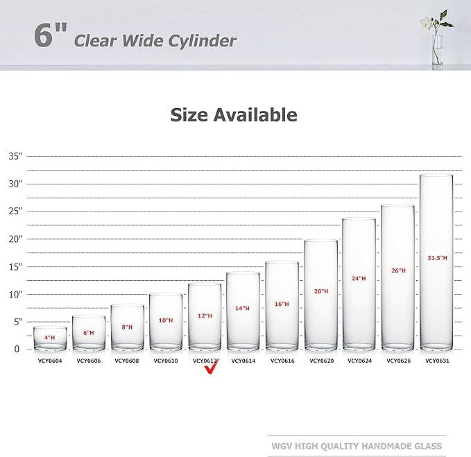 WGV Cylinder Glass Vase, Width 6", Height 12", [Different Heights Available] Clear Container Terrarium for Wedding Centerpiece, Party Event, Home Decor, 1 Piece