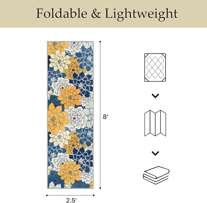 GENIMO 2.5’x8’ Indoor Outdoor Runner Rug for Hallway, Washable Waterproof Bedside Rugs, Non-Slip, Floral Mat Carpet for Patio, Living Room, Bedroom, Balcony, Kitchen, Deck, Porch, Navy Blue