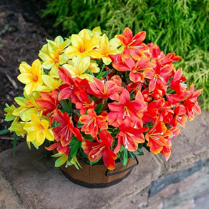 INSPRING Artificial Fake Flowers for Outdoors Spring Decoration, 3 Bundles Realistic Faux Azalea Plants Flower UV Resistant Silk Flowers for Outside Outdoor Planter Porch Patio Yard Garden Home, Mix