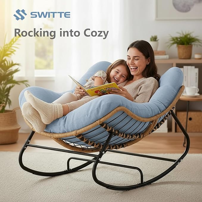 SWITTE Outdoor Rocking Chair, Oversized Patio Papasan Rocker, Comfy Wicker Reading Lounge, Indoor Egg Chair for Bedroom, Living Room, Porch, Garden, Lawn-Light Blue