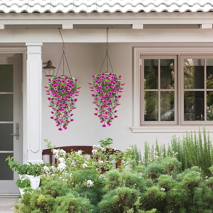 8 Pcs Fake Outdoor Artificial Flowers For Outdoors Uv Resistant, Plastic Flowers For Outdoors, Fake Hanging Plants Faux Flowers For Outdoor Planters, Silk Spring Flowers For Outside Porch（Purple）