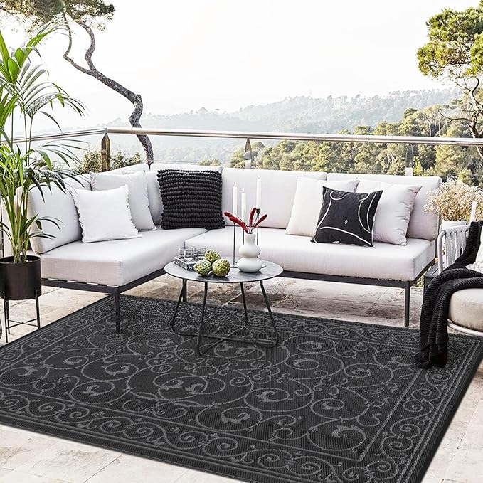 MilleLoomi Outdoor Rug 8x10 Waterproof Patio Rugs Vintage Reversible Mat for Front Door Rv Foldable Plastic Straw Carpet for Travel Trailers, Deck, Picnic, Porch, Camper, Balcony, Beach，Black Grey