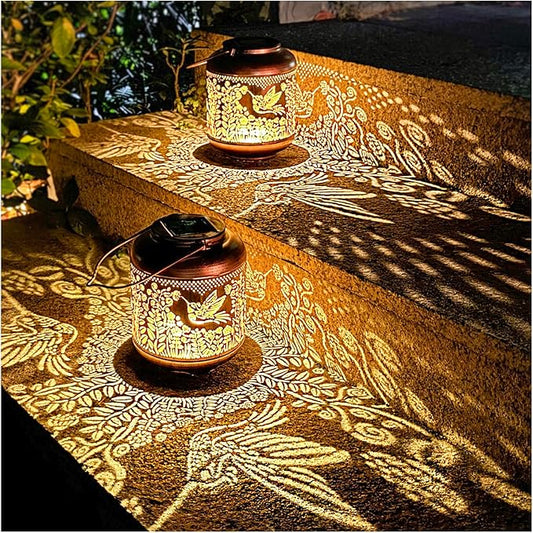 2 Pack Hummingbird Outdoor Solar Hanging Lanterns Waterproof LED Solar Lights Metal Decorative Lanterns for Garden, Patio, Courtyard, Backyard, Yard Decor Unique Hummingbird Gifts for Women Gardening