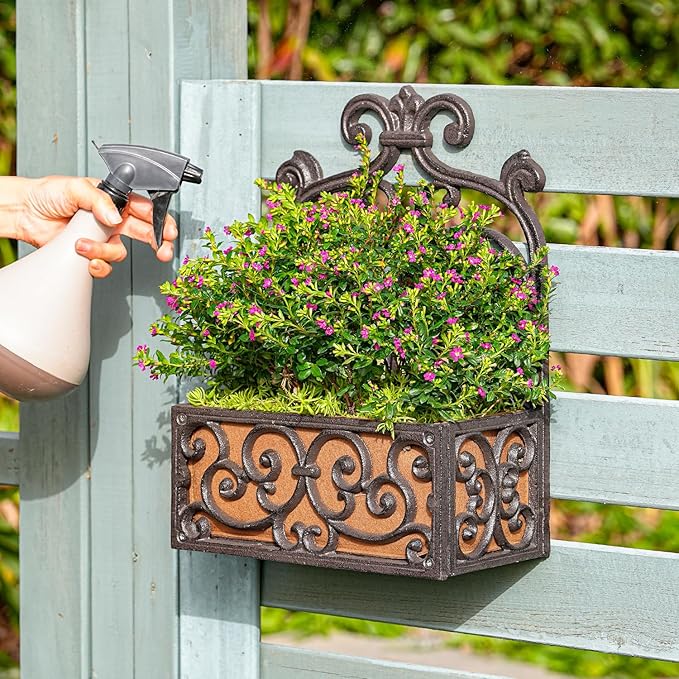 Sungmor Vintage Cast Iron Wall-Mounted Planter Basket with Fabric Liner,Rustic Scrollwork Hanging Flower Holder,Decorative Wall Shelf for Plants,Outdoor Hanging Basket Flower Pot