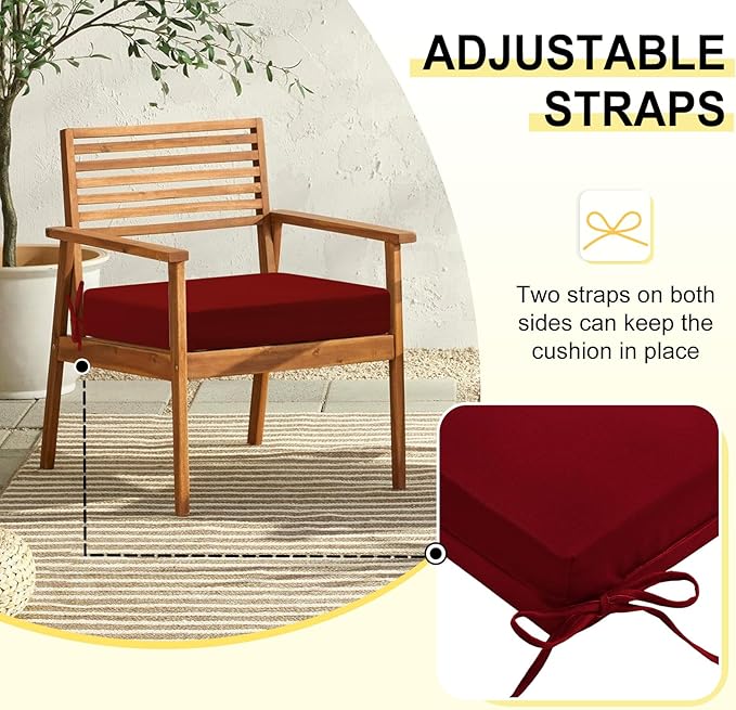 downluxe Outdoor Chair Cushions Set of 4 for Patio Furniture, Water-Resistant Square Corner Patio Chair Cushions with Ties, High Density Foam Outdoor Seat Cushion, 18.5" X 16" X 3", Burgundy