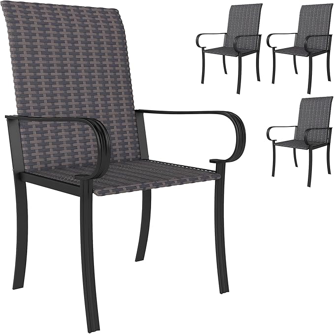 Outsunny Set of 4 Outdoor Wicker Dining Chairs, All-Weather Rattan Armchairs with Armrests, Steel Frame, Highback and Deep Seating, for Garden, Patio, Deck, Yard, Poolside, Brown