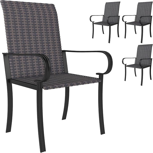 Outsunny Set of 4 Outdoor Wicker Dining Chairs, All-Weather Rattan Armchairs with Armrests, Steel Frame, Highback and Deep Seating, for Garden, Patio, Deck, Yard, Poolside, Brown