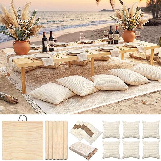 Novabright 9 Pcs Picnic Set Folding Table 30'' x 60'' Extra Large Outdoor Boho Picnic Blanket 91'' x 71'' Beige White Table Runner 6 Throw Pillow Cover Oversize Beach Blanket Washable for Camp Wedding