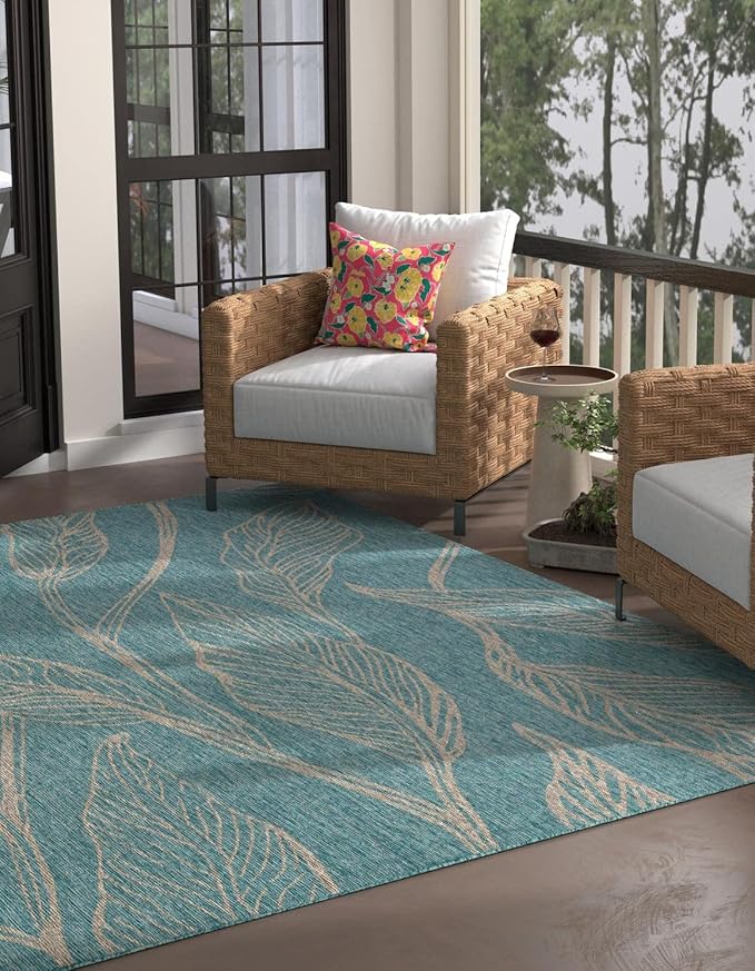 Unique Loom Outdoor Botanical Collection Area Rug - Leaf (10' 8" Square, Light Aqua/ Ivory)