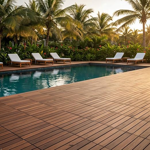 Acacia Wood Patio Deck Tiles - 27 Pcs 12 Slats Interlocking Decking Tiles for Patio Decor, Waterproof Indoor & Outdoor Use, Garden Decking Tile (12.2 x 12.2 x 0.7) - Natural