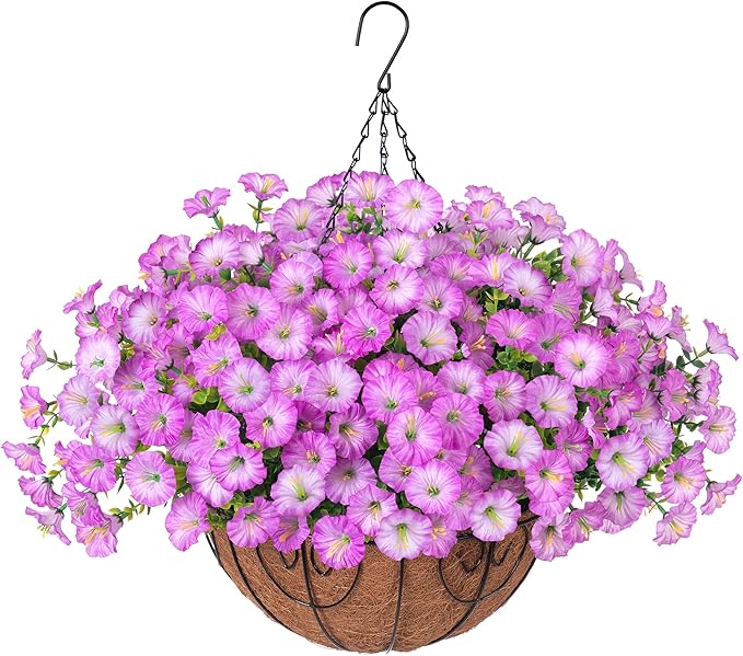 Artificial Faux Hanging Flowers Plants Basket for Outdoors Spring Decoration, UV Resistant Fake Silk Morning Glory in Planter Look Real Hanging Baskets for Outside Porch Patio Balcony Yard Home Decor