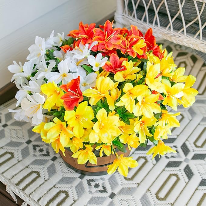 INSPRING Artificial Flowers for Outdoors, 3 Bundles Fake Silk Azalea Flower Faux Plants Outside Decoration UV Resistant Realistic Spring Outdoor Flowers for Planter Porch Patio Garden Walkways Home