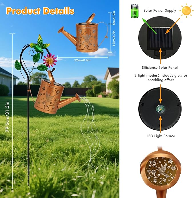 Gifts for Women Mom, Outdoor Hanging Solar Lantern Waterproof Metal Openwork Hummingbird Watering Can Landscape Lights with Shepherd Hook for Porch Lawn Driveway Backyard Pathway