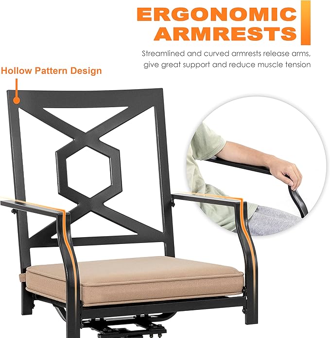 NUU GARDEN Outdoor Patio Swivel Chair Set of 2, Iron Swivel Rocker Dining Chairs with Padded Cushions, Comfortable Outdoor Chairs for Patio, Garden, Backyard & Balcony, Black and Beige