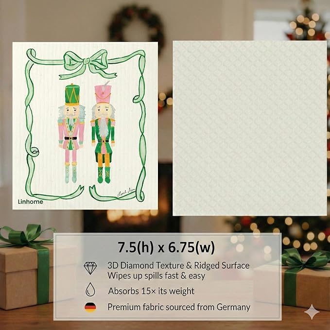 Christmas Holiday Swedish Dishcloth, Reusable Paper Towel, Super Absorbent Cellulose Sponge, Washable Kitchen Cleaning Cloth (Nutcraker Duo - 1 Pack)