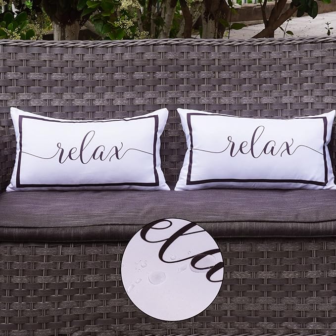 ONWAY Outdoor Waterproof Throw Pillow Covers 12x20 Set of 2 White and Black Relax Decorative Pillowcase for Patio Furniture Garden Couch Tent Balcony