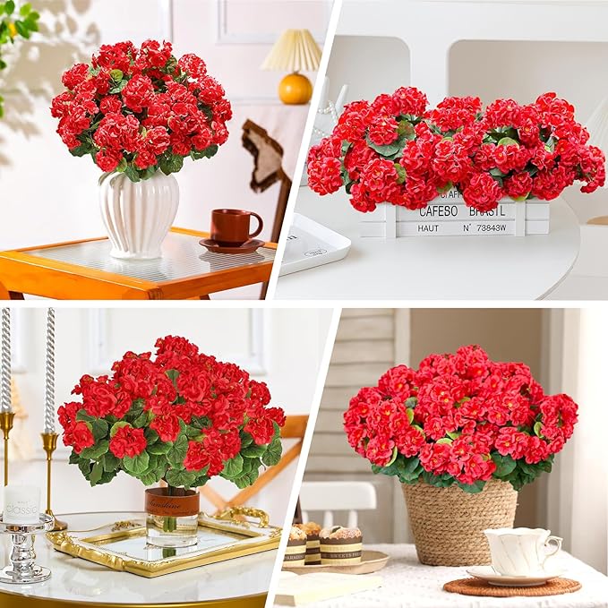 famibay Artificial Flowers for Outdoor Indoor Garden Home Decoration, 8 Bundles Silk Geraniums UV Resistant Look Real Faux Plants for Front Door Porch Planter Urn Patio Garden, Red