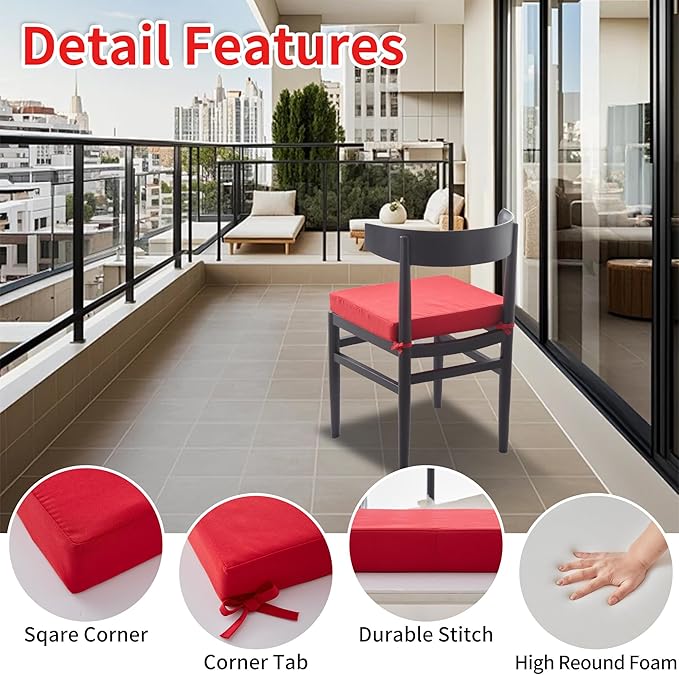 coolboss Outdoor Chair Cushions Set of 4, Outdoor Cushions for Patio Furniture, Water Resistant Chair Cushions for Outdoor Furniture Square Corner Patio Cushions with Ties, 18.5"x16"x3, Burgundy