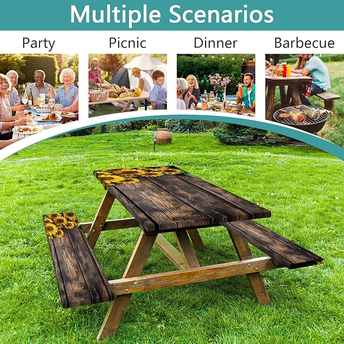 Picnic Table Cover with Bench Covers Wood Sunflower Elastic Outdoor Tablecloth Camping Essentials Waterproof Windproof Camping Tablecloth with Drawstring Bag, Fitted Rectangle Tables Seats 96X30in