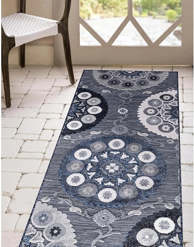 CAMILSON Runner Outdoor Rugs Oriental Retro Traditional Floral Medallion Area Rug 2x10 Non-Shedding Stain Resistant Indoor Carpet for Bathroom Hallway Kitchen Office (2 x 10 / Navy Blue)