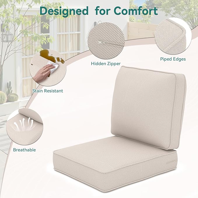 Outdoor Chair Cushions 23" x 24" x 4", Patio Deep Seat Replacement Cushions Set with Zippered Removable Cover, Weather-Resistant Olefin Fabric for Garden Chair Sofa Couch, Set of 6, Beige