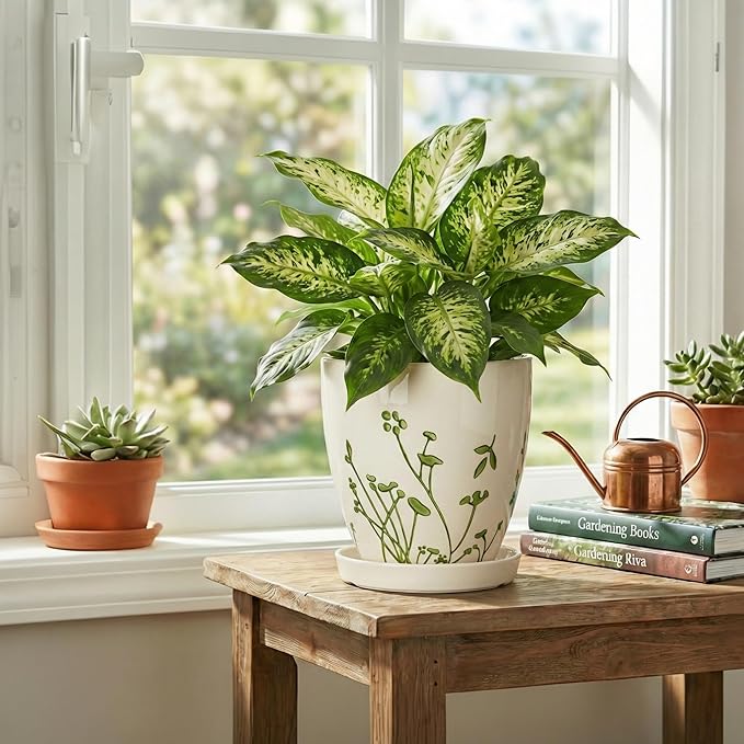 6 Inch Plant Pot - Ceramic Pots for Plants with Drainage Hole and Saucer, Ceramic Succulent Pots for Indoor Outdoor, Decorative Boho Planter, Housewarming Gifts, Garden Room Home Decor, White
