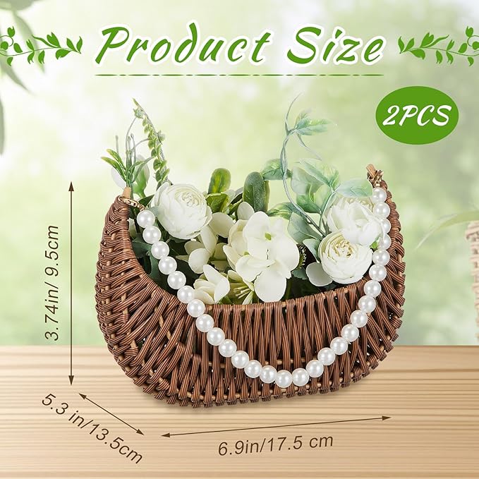 Taiyin 2 Pcs Rattan Flower Girl Basket with Pearl Handle Small Half Moon Wicker Basket for Wedding Flower Girl Picnic Garden Storage and Home Decor (Dark Brown)