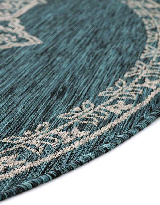 Unique Loom Outdoor Traditional Collection Area Rug - Antique (5' 3" Round Teal/Ivory)