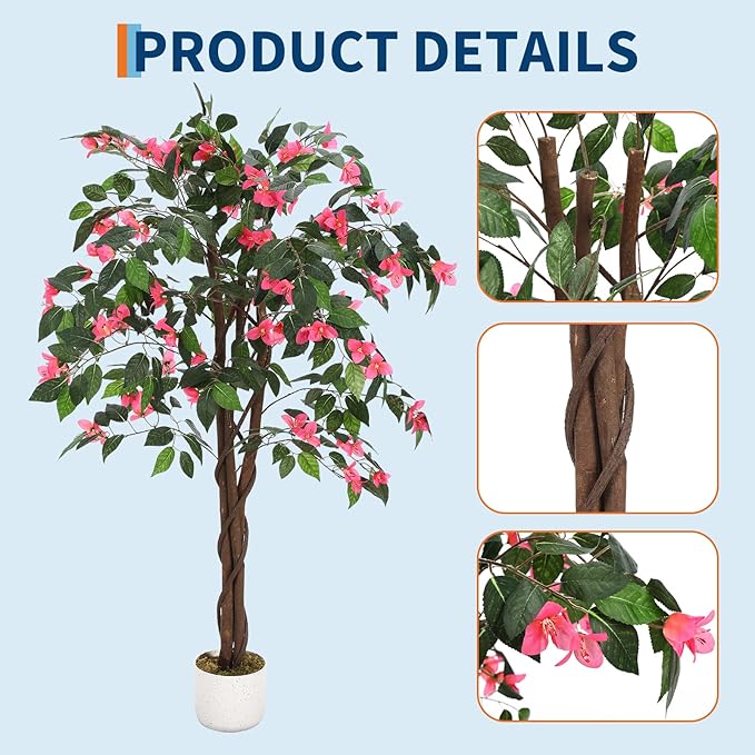 4FT Artificial Bougainvillea Tree, Faux Silk Bougainvillea Plant in Pot, Indoor Outdoor Decor, Potted Faux Flower Tree for Home Office Garden Living Room