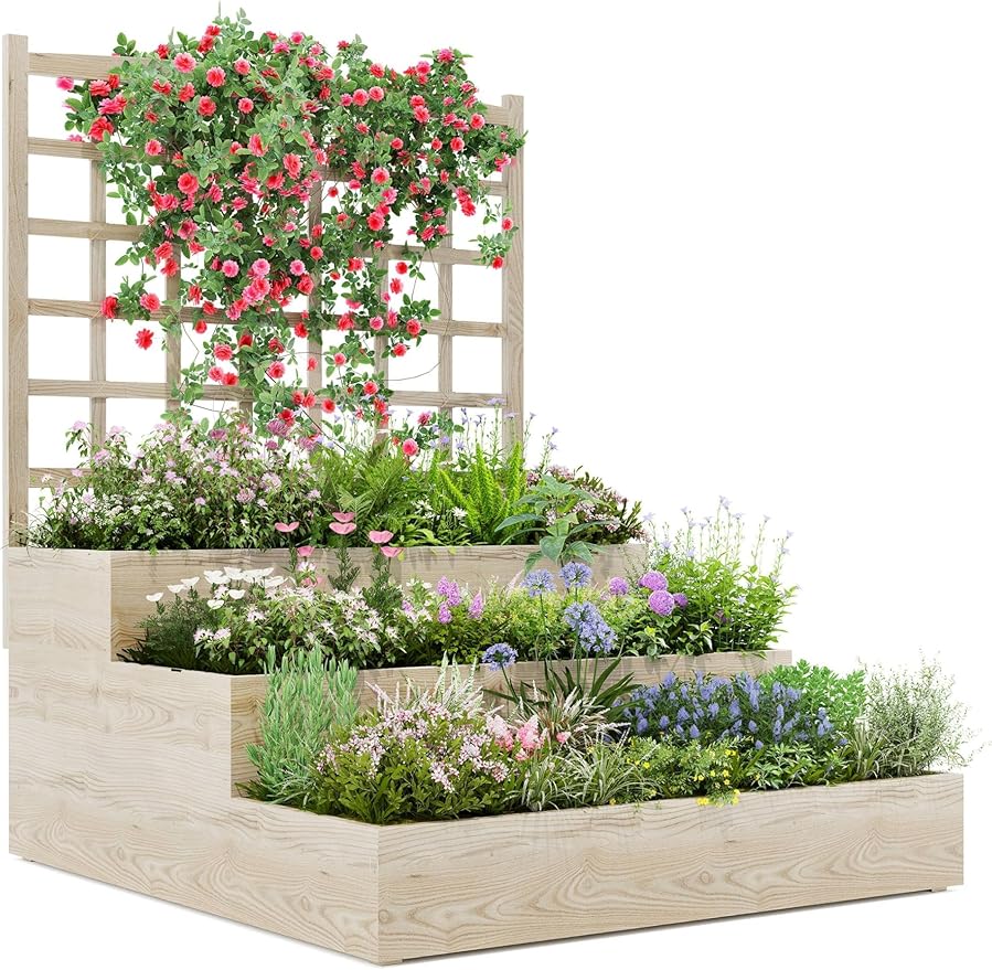 Space-Saving 3-Tier Wood Planter Box with Attached Trellis, Vertical Raised Garden Bed for Climbing Vines, Vegetables, Fruits, Herbs, Open Bottom Drainage for Patio, Deck, Balcony Gardening