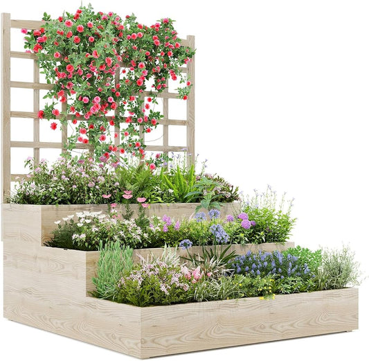 Space-Saving 3-Tier Wood Planter Box with Attached Trellis, Vertical Raised Garden Bed for Climbing Vines, Vegetables, Fruits, Herbs, Open Bottom Drainage for Patio, Deck, Balcony Gardening
