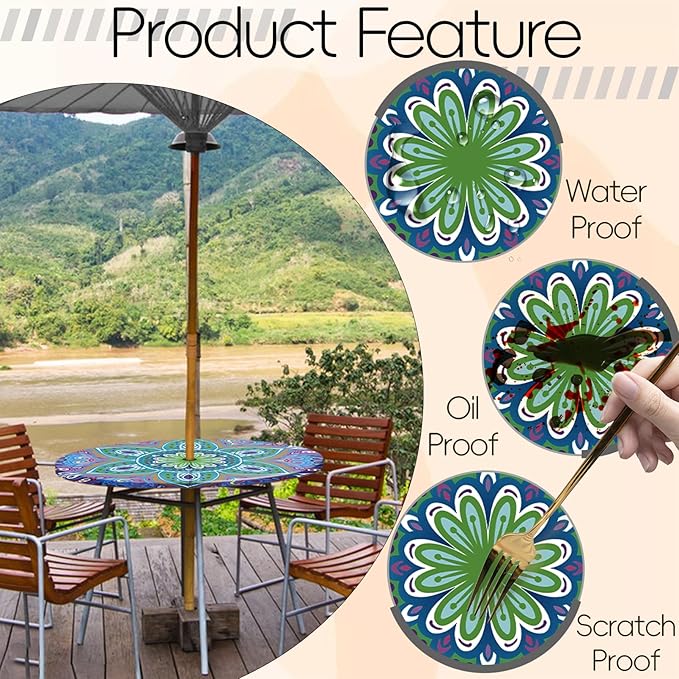 Round Fitted Outdoor Tablecloth with Umbrella Hole and Zipper Vinyl Waterproof Patio Picnic Camping Essentials for 36-44" Tables Summer Garden Rv Accessories Gift for Women Men Couple
