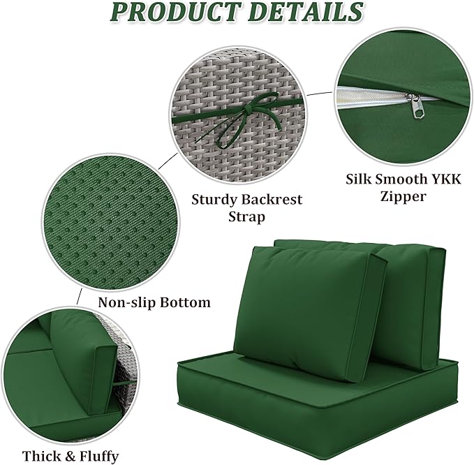 14-Piece Outdoor Cushions for Patio Furniture Thick Outdoor Chair Cushions 5" Foam High-Density Water-Resistant Deep Seat Cushion for 6-Seat Sectional Sets Liner&Cover Green