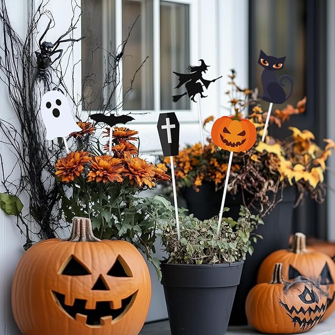 6 Pcs Metal Halloween Planter Stakes 13 Inch Halloween Props Potted Plant Decor Witch Pumpkin Black Cat Tombstone Boo Ghost Bat Garden Metal Stake Table Centerpieces Outdoor Yard Lawn Decorations