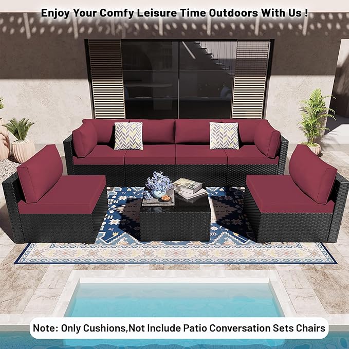 14 Piece Outdoor Sectional Cushions, Water-Resistant Outdoor Sofa Cushions Replacement, 4" High Density Foam Patio Furniture Cushions Fits 6-seat Rattan Conversation Set (Wine Red)